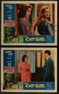 8g0613 CAT GIRL 8 LCs 1957 human feline Barbara Shelley, cool border art of huge cat, English horror!