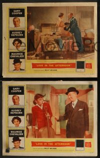 8g1082 LOVE IN THE AFTERNOON 3 LCs 1957 images of Audrey Hepburn & Maurice Chevalier, Billy Wilder!