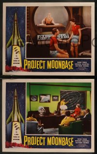 8g1104 PROJECT MOONBASE 3 LCs 1953 Robert Heinlein, border art of rocket ship + wacky astronauts!