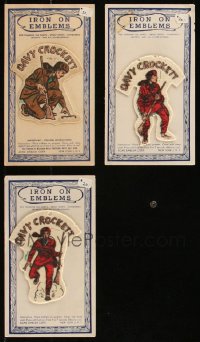 8h0361 LOT OF 3 DAVY CROCKETT IRON ON EMBLEMS 1950s put the frontiersman on your own clothes!