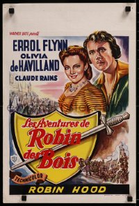8j0116 ADVENTURES OF ROBIN HOOD Belgian R1950s different art of Errol Flynn & Olivia De Havilland!