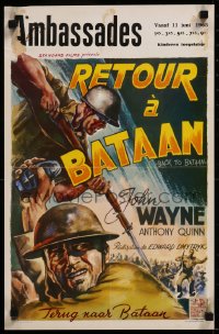 8j0120 BACK TO BATAAN Belgian R1950s art of John Wayne & Anthony Quinn in World War II!