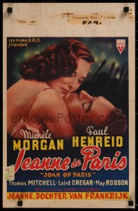 8j0147 JOAN OF PARIS Belgian 1946 different artwork of Michele Morgan kissing Paul Henreid!