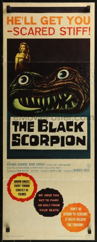 8j0328 BLACK SCORPION insert 1957 art of wacky creature that looks more laughable than horrible!