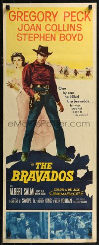 8j0334 BRAVADOS insert 1958 full-length art of cowboy Gregory Peck with gun & sexy Joan Collins!