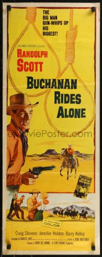 8j0335 BUCHANAN RIDES ALONE insert 1958 big man Randolph Scott has a big gun, directed by Budd Boetticher