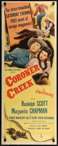 8j0341 CORONER CREEK insert 1948 c/u of Randolph Scott fighting bad guy & with Marguerite Chapman!