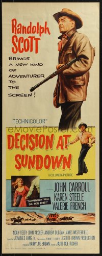 8j0346 DECISION AT SUNDOWN insert 1957 full-length Randolph Scott w/rifle, directed by Budd Boetticher!