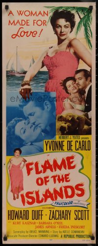 8j0358 FLAME OF THE ISLANDS insert 1955 Yvonne De Carlo kissing Howard Duff & in sexy dress!