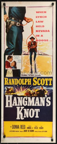 8j0365 HANGMAN'S KNOT insert R1961 cool image of cowboy Randolph Scott holding noose, Donna Reed!