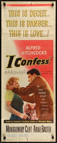 8j0372 I CONFESS insert 1953 Alfred Hitchcock, art of Montgomery Clift shaking Anne Baxter!