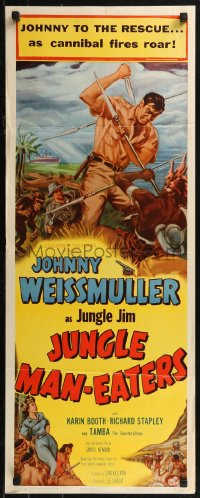 8j0382 JUNGLE MAN-EATERS insert 1954 Cravath art of Weissmuller as Jungle Jim fighting cannibals!