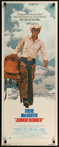8j0385 JUNIOR BONNER insert 1972 full-length rodeo cowboy Steve McQueen carrying saddle!