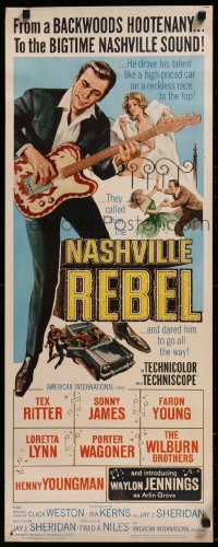 8j0401 NASHVILLE REBEL insert 1966 art of Waylon Jennings playing guitar & sexy near-naked girl!
