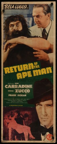 8j0414 RETURN OF THE APE MAN insert 1944 Bela Lugosi, Carradine, Moran in title role, ultra rare!