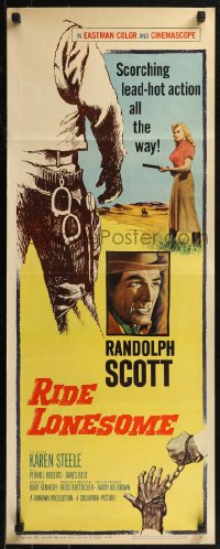 8j0416 RIDE LONESOME insert 1959 Wik artwork of cowboy Randolph Scott, Karen Steele w/gun!