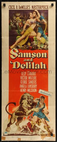 8j0418 SAMSON & DELILAH insert 1949 Victor Mature fighting lion & tempted by sexy Hedy Lamarr!