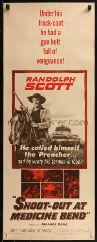8j0425 SHOOT-OUT AT MEDICINE BEND insert 1957 Preacher Randolph Scott wrote his sermon in lead!