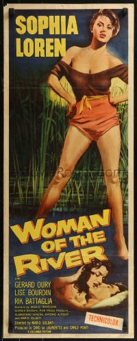 8j0459 WOMAN OF THE RIVER insert R1957 full-length art of skimpily dressed Sophia Loren!