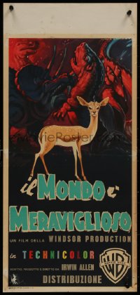 8j1032 ANIMAL WORLD Italian locandina 1956 great artwork of prehistoric dinosaur & deer!