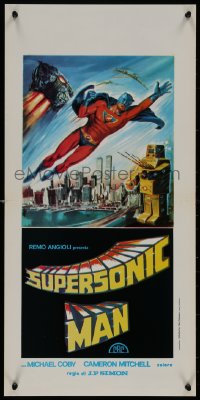 8j1257 SUPERSONIC MAN Italian locandina 1979 wacky Tino Avelli superhero art with giant robot in NYC!