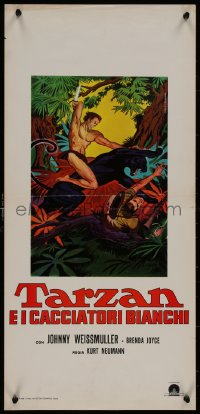 8j1263 TARZAN & THE HUNTRESS Italian locandina R1960s Piovano art of Weissmuller slaying panther!