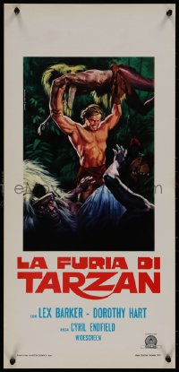 8j1264 TARZAN'S SAVAGE FURY Italian locandina R1970s Piovano art of Barker vs natives, Burroughs!
