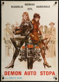 8j0619 BLONDE IN BLACK LEATHER Yugoslavian 20x28 1978 Monica Vitti & Cardinale on motorcycle!