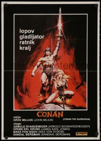 8j0630 CONAN THE BARBARIAN Yugoslavian 19x27 1982 Arnold Schwarzenegger & sexy Sandahl Bergman by Casaro!