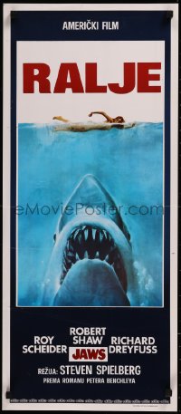 8j0669 JAWS Yugoslavian 14x32 1975 Spielberg's classic man-eating shark attacking swimmer, Ajkula!