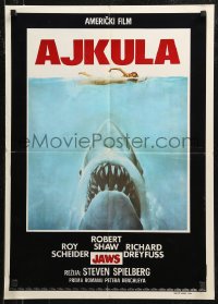 8j0668 JAWS Yugoslavian 20x28 1975 Spielberg's classic man-eating shark attacking swimmer, Ajkula!