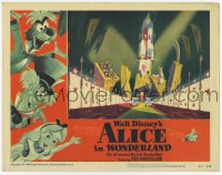 8k0756 ALICE IN WONDERLAND LC #4 1951 Walt Disney, cartoon image of Alice escorted by playing cards!