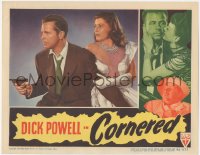 8k0843 CORNERED LC 1946 c/u of scared Micheline Cheirel standing behind Dick Powell pointing gun!