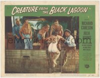 8k0846 CREATURE FROM THE BLACK LAGOON LC #2 1954 sexy Julia Adams in swimsuit helped into boat!