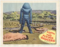 8k0551 EARTH VS. THE FLYING SAUCERS LC 1956 best image of alien robot standing over dead men!