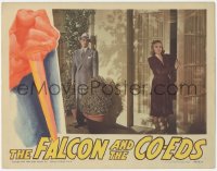 8k0892 FALCON & THE CO-EDS LC 1943 Tom Conway waits to surprise Jean Brooks emerging onto patio!