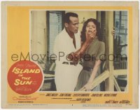 8k1001 ISLAND IN THE SUN LC #8 1957 Harry Belafonte grabs Dorothy Dandridge by the chin!