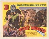 8k0526 ROBOT MONSTER 3D LC #8 1953 sexy Claudia Barrett attacks the wacky monster with a big rock!