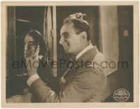 8k1279 WHEN THE CLOUDS ROLL BY LC 1919 happy Douglas Fairbanks combing his hair with broken mirror!