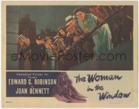 8k1299 WOMAN IN THE WINDOW LC 1944 Joan Bennett, cop & crowd looking down over railing, Fritz Lang!