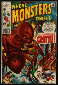 8m0138 WHERE MONSTERS DWELL #3 comic book May 1970 the giant ant monster called Grottu!
