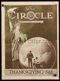 8m0458 CIRCLE magazine Thanksgiving 1918 E.W. art of Lady Liberty looming over the world globe!