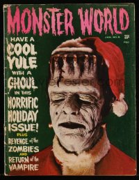 8m0721 MONSTER WORLD magazine January 1966 great image of Frankenstein wearing Santa Claus hat!