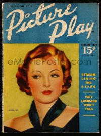 8m0593 PICTURE PLAY magazine February 1938 great cover art of sexy Myrna Loy by A. Redmond!