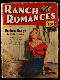 8m0041 RANCH ROMANCES pulp magazine April 15, 1949 Kirk Wilson cover art of sexy cowgirl tied up!