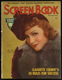 8m0616 SCREEN BOOK magazine April 1938 great cover portrait of Claudette Colbert by Doolittle!