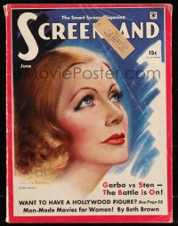 8m0627 SCREENLAND magazine June 1934 wonderful cover art of Greta Garbo by Charles Sheldon!