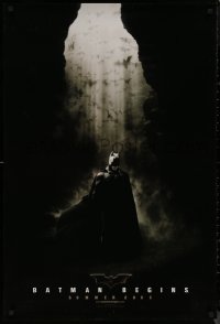 8p0752 BATMAN BEGINS teaser DS 1sh 2005 Summer 2005, great image of Christian Bale in the batcave!