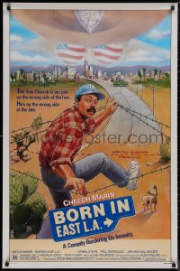 8p0787 BORN IN EAST L.A. 1sh 1987 great artwork of Cheech Marin crossing the border!
