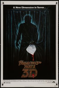 8p0876 FRIDAY THE 13th PART 3 - 3D 1sh 1982 slasher sequel, art of Jason stabbing through shower!
